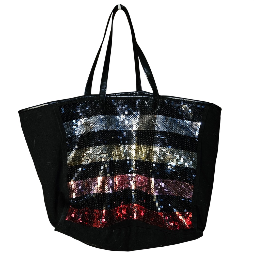Victorias Secret Black Canvas Sequin Striped Large Tote Bag Silver Gold Pink Red